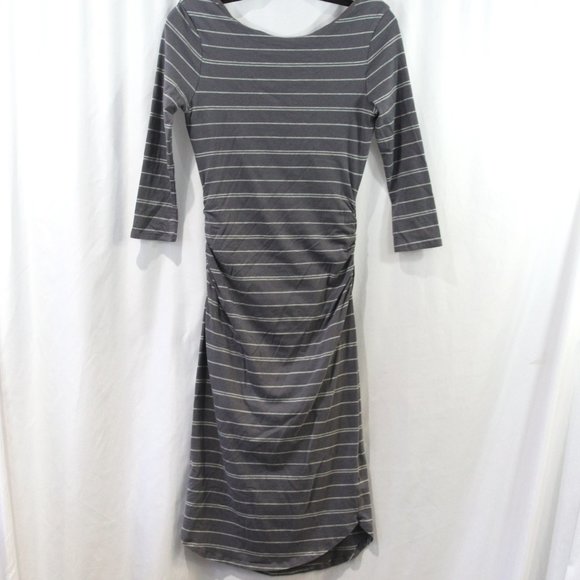 Athleta Dresses & Skirts - Athleta Grey Striped Side Ruched 3/4 Sleeve Midi Dress